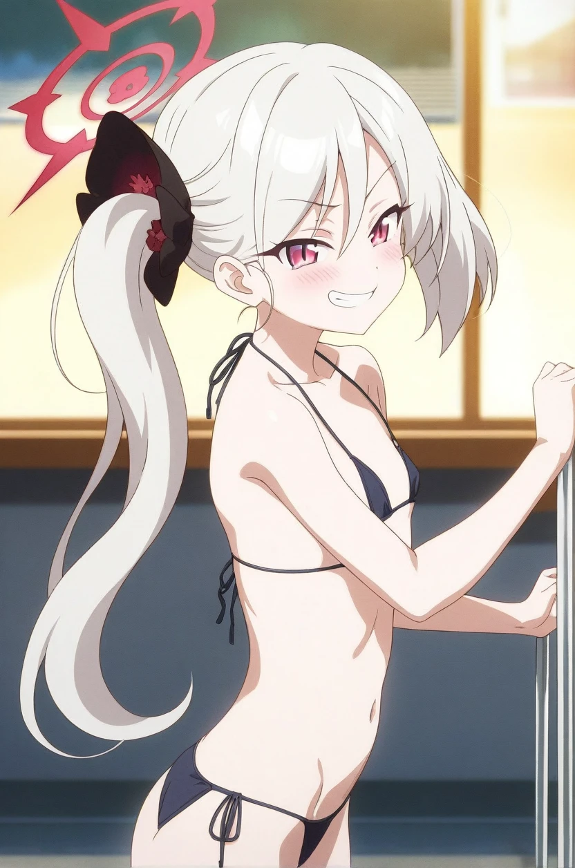 best quality, very aesthetic, absurdres, (1girl, mutsuki, blue archive, solo, red eyes, white hair, side ponytail), (realistic face:0.9),(string bikini:1.8),dress lift, (grin, blush, thigh:1.3), (cowboy shot), (glowing eyes), (half closed eyes:0.9), (from side:2), (official art:1.3), (pool), expressive eyes, perfect face, 4k, extremely detailed anime illustration, extremely detailed eyes, perfect anatomy, light rays, extremely delicate body, smooth skin, (school background:1.5), clear eyes, beautiful face, small breasts,(anime style:1.7), (Warm Light:1.5), (highres:2), 1girl, mutsuki, blue archive, solo, red eyes, white hair, side ponytail, 1girl, mutsuki, blue archive, solo, red eyes, white hair, side ponytail