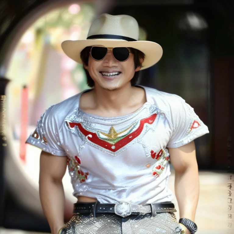 (masterpiece, best quality:1.2), cowboy shot, solo, male focus, 1boy, gojo satoru, smile, hands in pockets, blindfold, black jacket
