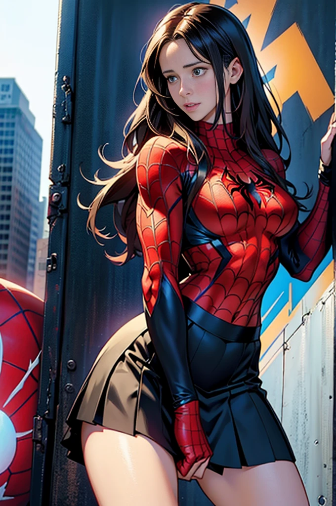 Jennifer Love Hewitt、Marvel Comics Movie Poster, Very beautiful, Movies about Spiderman, sexy, whole body, I'm wearing a skirt、Premiere date, Poster、belly buttonを突き出す、new york、She's wearing a torn Spider-Man suit,The suit is torn、Wearing a skirt、 Red and black color scheme,dynamic、masterpiece、highest quality、Ultra-detailed、Very detailed、A delicate and beautiful shine、超A high resolution、Cinematic,Break,Breakdrop,(Torn clothes:1.5), (Wet clothes:1.4), Bare shoulders,Real Rain,Wet Hair,belly button、Exposing Skin、Showing off her sexy shoulders