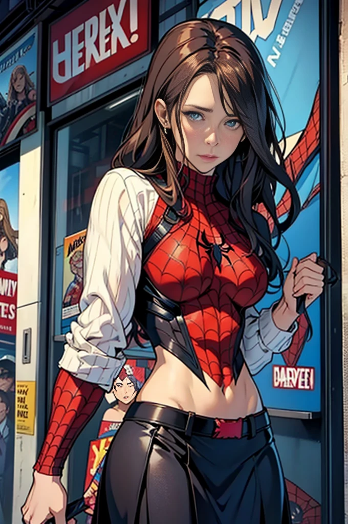Jennifer Love Hewitt、Marvel Comics Movie Poster, Very beautiful, Movies about Spiderman, sexy, whole body, I'm wearing a skirt、Premiere date, Poster、belly buttonを突き出す、new york、She's wearing a torn Spider-Man suit,The suit is torn、Wearing a skirt、 Red and black color scheme,dynamic、masterpiece、highest quality、Ultra-detailed、Very detailed、A delicate and beautiful shine、超A high resolution、Cinematic,Break,Breakdrop,(Torn clothes:1.5), (Wet clothes:1.4), Bare shoulders,Real Rain,Wet Hair,belly button、Exposing Skin、Showing off her sexy shoulders