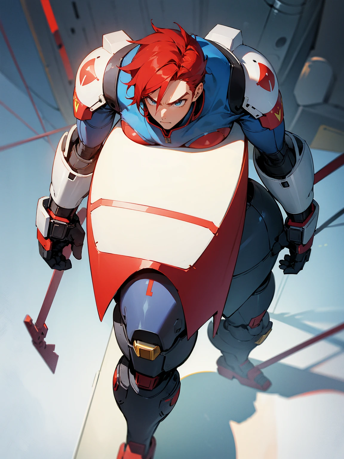1male, super suit, red hair, giant robot in background, standing on path, serious