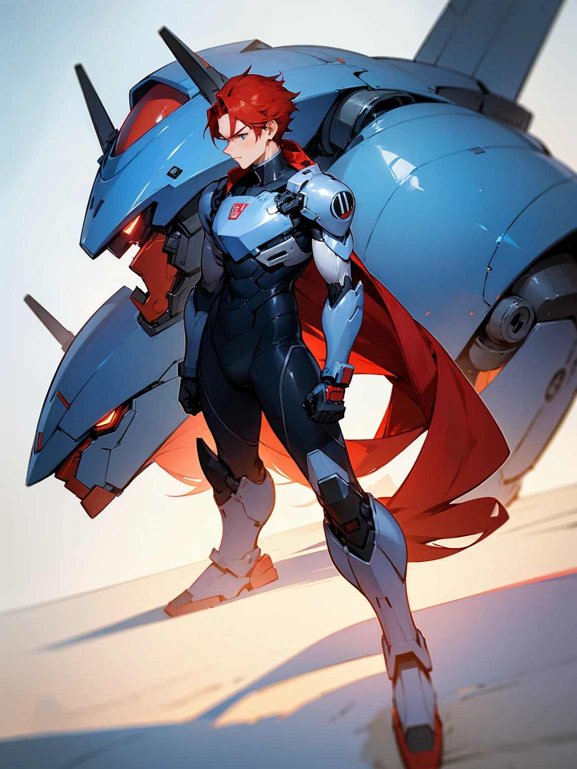 1male, super suit, red hair, giant robot in background, standing on path, serious