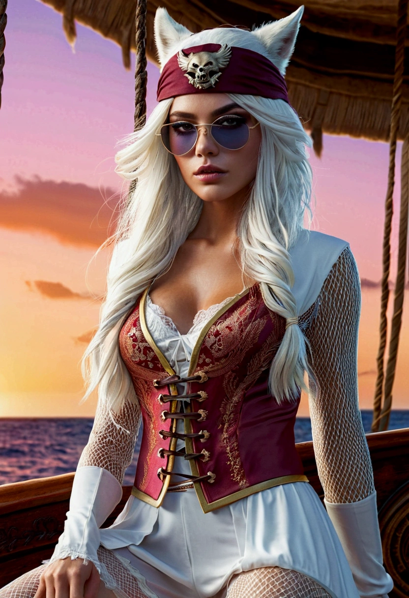 Breathtaking cinematic portrait of a white wolf-girl, her lithe form adorned in a shimmering, opalescent lace dress with golden accents. Her long, flowing hair frames a face that exudes a wild, primal beauty.
This enchanting hybrid creature wears a sexy pirate-inspired streetwear ensemble - a cropped top, high-waisted shorts, and knee-high boots, all in a palette of whites and golds. Perched atop her head sits a stylish pirate hat, and her eyes are hidden behind a pair of sleek, reflective glasses.
In the background, a mutant pirate vessel looms, its weathered hull and rigging hinting at the fantastical adventures this wolf-girl must have experienced. The image is bathed in an iridescent glow, every detail rendered with the utmost realism and precision - from the delicate lace patterns to the subtle sheen of the pirate garments.
This awe-inspiring, 20k resolution portrait captures the essence of a truly unique and captivating character. The wolf-girl's primal beauty and her pirate-themed streetwear create a striking blend of the wild and the urbane, resulting in a visual masterpiece that is both alluring and mysterious.