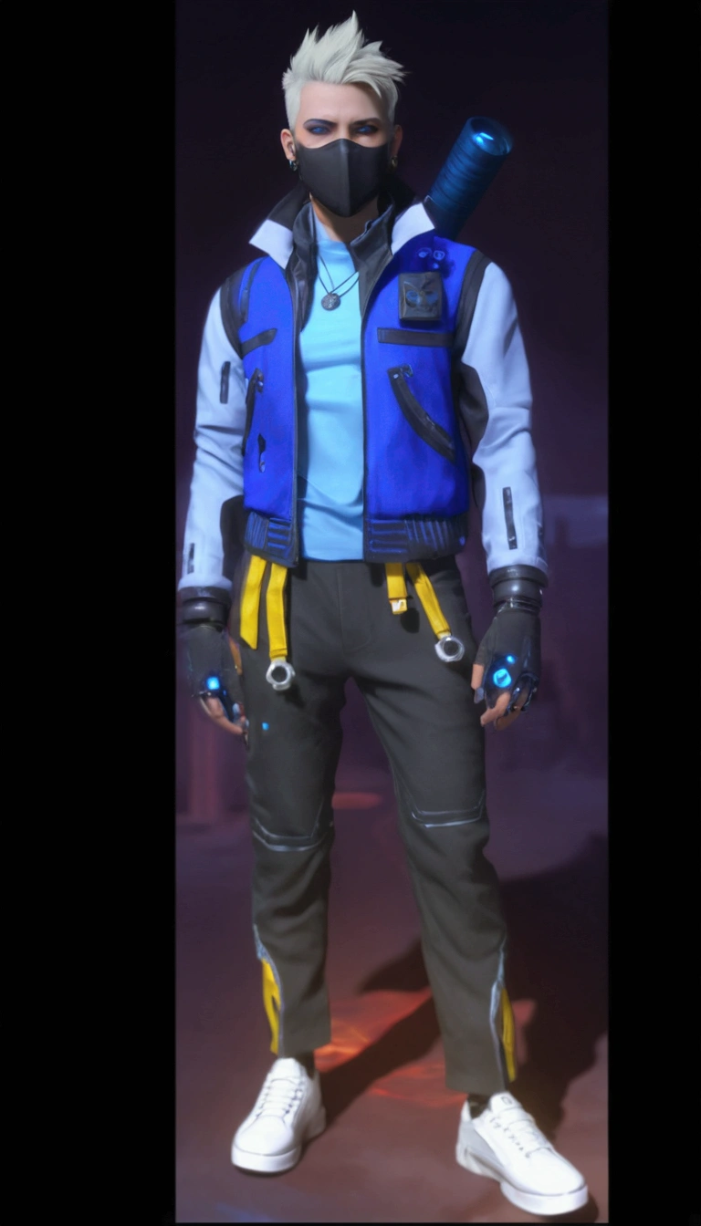 a close up of a person wearing a blue jacket and a pair of white shoes, lunar themed attire, cyberpunk outfit, cyberpunk style outfit, mechanic punk outfit, wearing cyberpunk 2 0 7 7 jacket, costume with blue accents, cyberpunk clothes, cyberpunk suit, cyberpunk outfits, blue uniform, cyberpunk street goon, cyber future jacket, cyber punk setting, cyberpunk flame suit