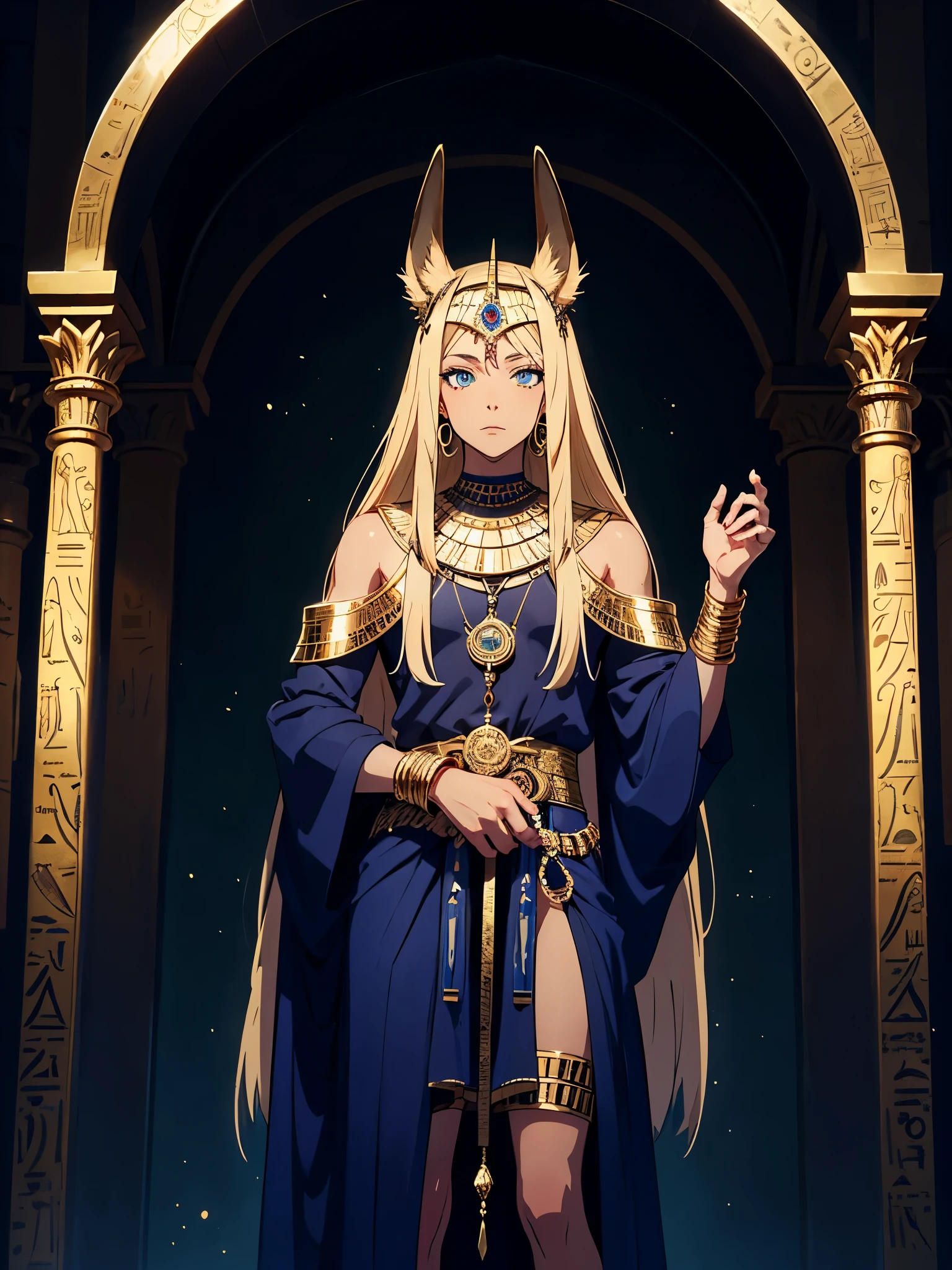 Blaue Augen. Mehr anime. Hübsch. Anubis. Anubisohren. Jackal ears with fur.  boy. Egyptian deity Anubis. Egyptian clothing. long blond hair. Lots of gold jewelry. dark skin. Egyptian. dazzling blue eyes. mystical. divine.