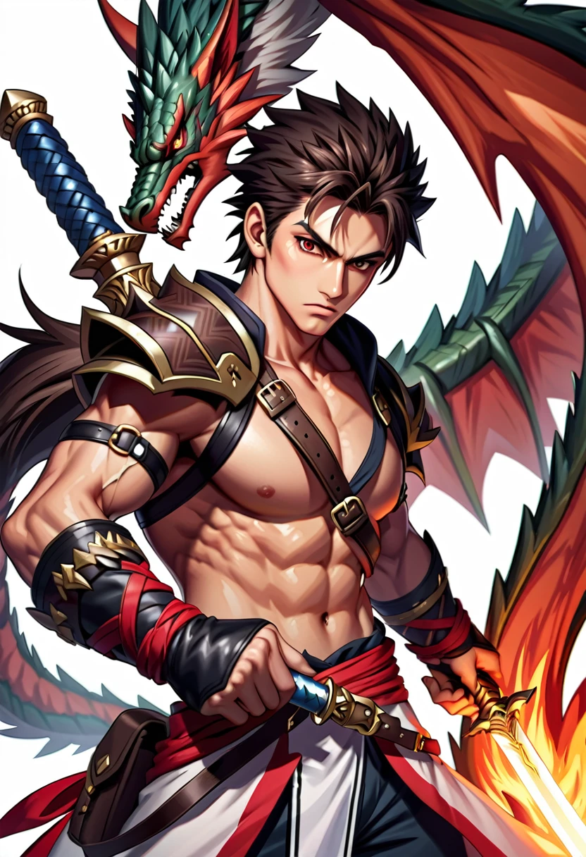 Dark brown hair, male, Red Eyes, Serious expression, Monster Hunter Style, Holding a sword, ruffian, High Detail