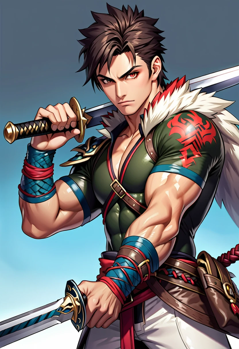 Dark brown hair, male, Red Eyes, Serious expression, Monster Hunter Style, Holding a sword, ruffian, High Detail