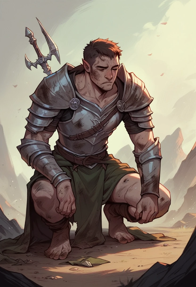 1 man, dnd, fantasy, epic,armor,human,dirty, weary