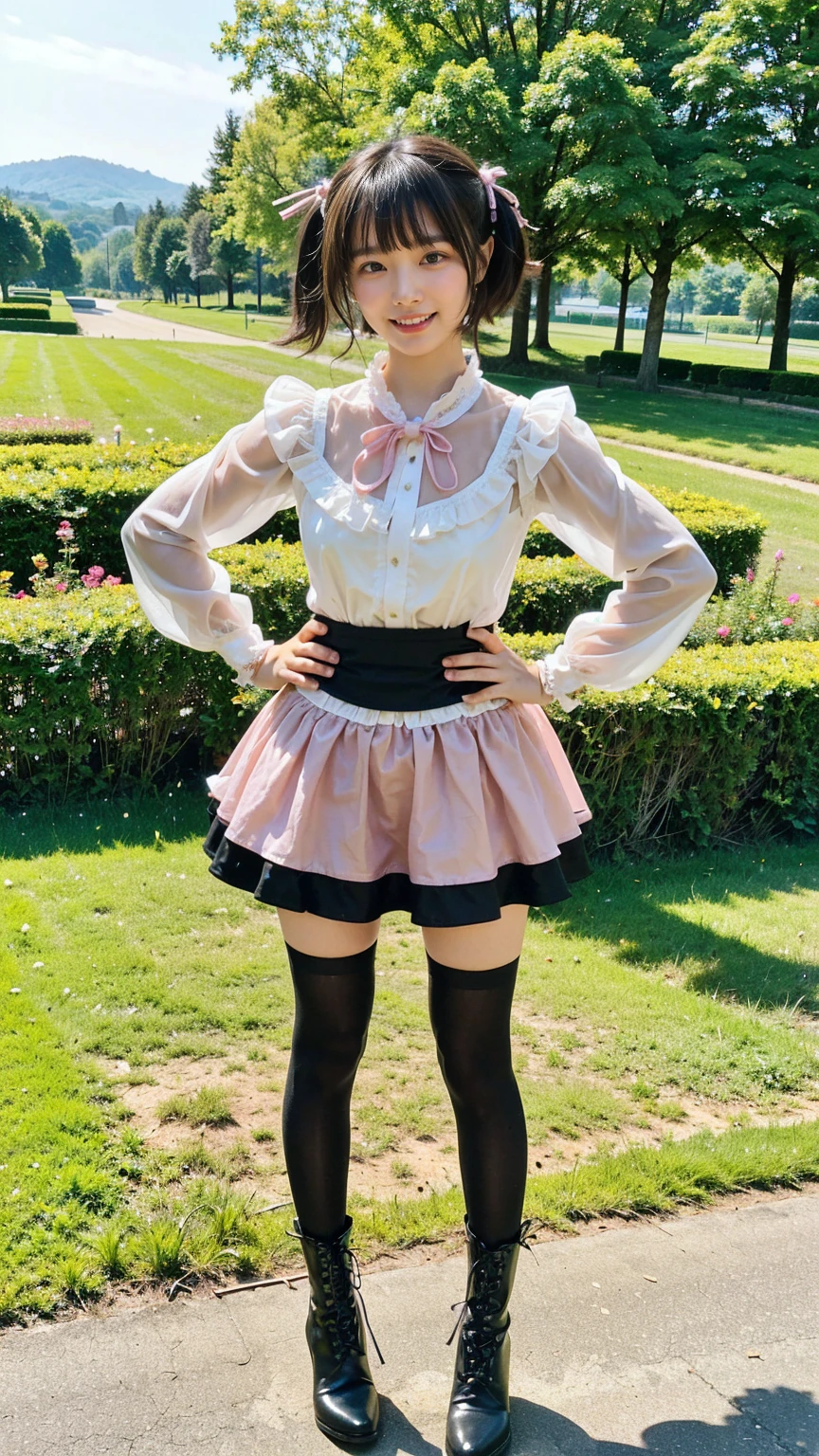 (8K、RAW Photos、Highest quality、masterpiece:1.2)、(Highest quality、Realistic)、1 Girl、((See-through、Idol Costume、ribbon、mini skirt、tights、Medium Hair、smile、Pink and black、Thin legs、whole body、boots、garden、View from the front、Looking into the camera、Stand with hands on hips))、cute