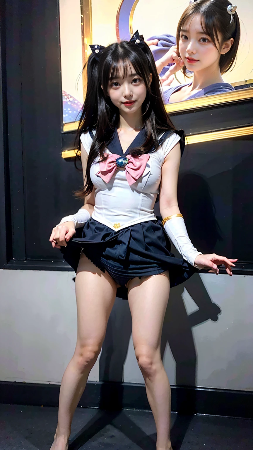 (8K、RAW Photos、Highest quality、masterpiece:1.2)、(Realistic、Realistic)、1 Girl、((Sailor Moon Costume:1.2、Thin legs、whole body、View from the front、smile、Looking into the camera、Hold your skirt with both hands and show me your black panties))、cute