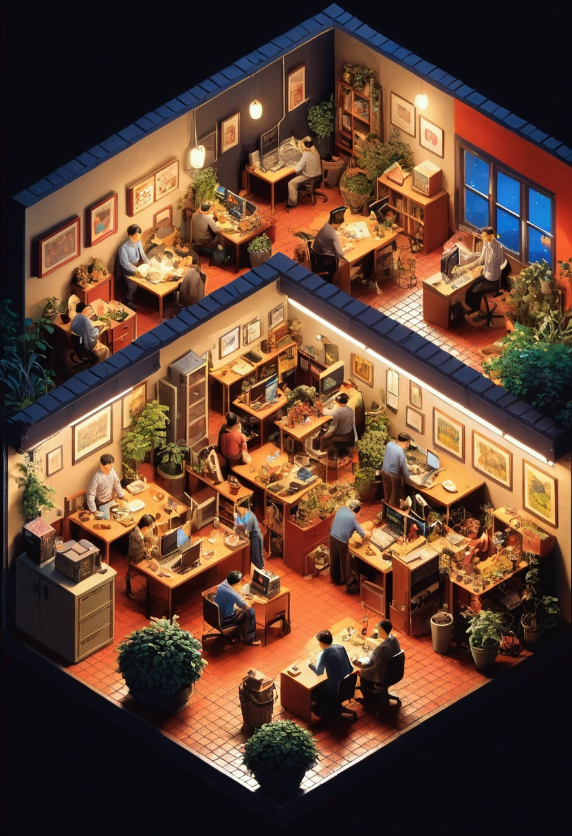 (High-quality images)、(detailed picture)、(((Isometric Art)))、(night)、(darkroom)、Adult male、Work、company、Fewer people
