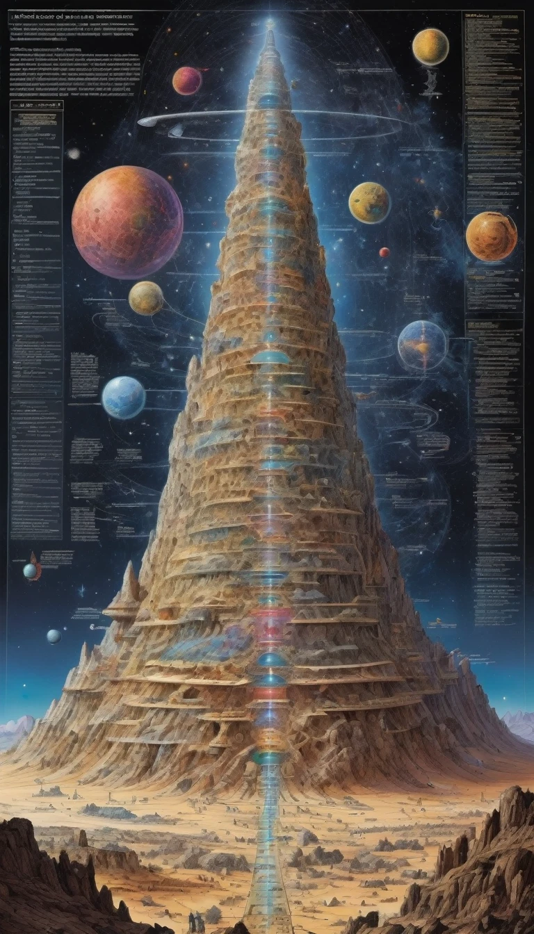 Diagram of the seven levels of cosmic structure，Detailed instructions on the wall chart，Mysterious Universe Mount Xumi，Inspired by the best quality of Jean Giraud, masterpiece, Ultra-high detail, 8K