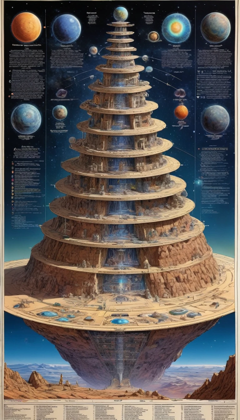 Diagram of the seven levels of cosmic structure,Detailed instructions on the wall chart,Mysterious Universe Mount Xumi,Inspired by the best quality of Jean Giraud, masterpiece, Ultra-high detail, 8K