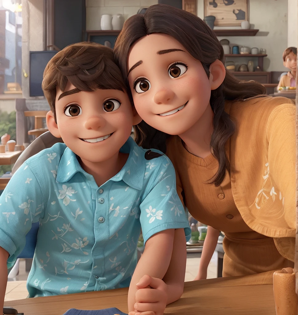 A young boy and a woman are seated at a table, both smiling broadly. The boy is wearing a blue shirt with a floral pattern and dark brown skin color and the woman has an orange top, straight long hair and dark brown skin color. They are mother and son and seem to be enjoying their time together. The mother appears to be 40 years old and the boy 5. In the background, there's a bustling restaurant setting with other patrons and tables.