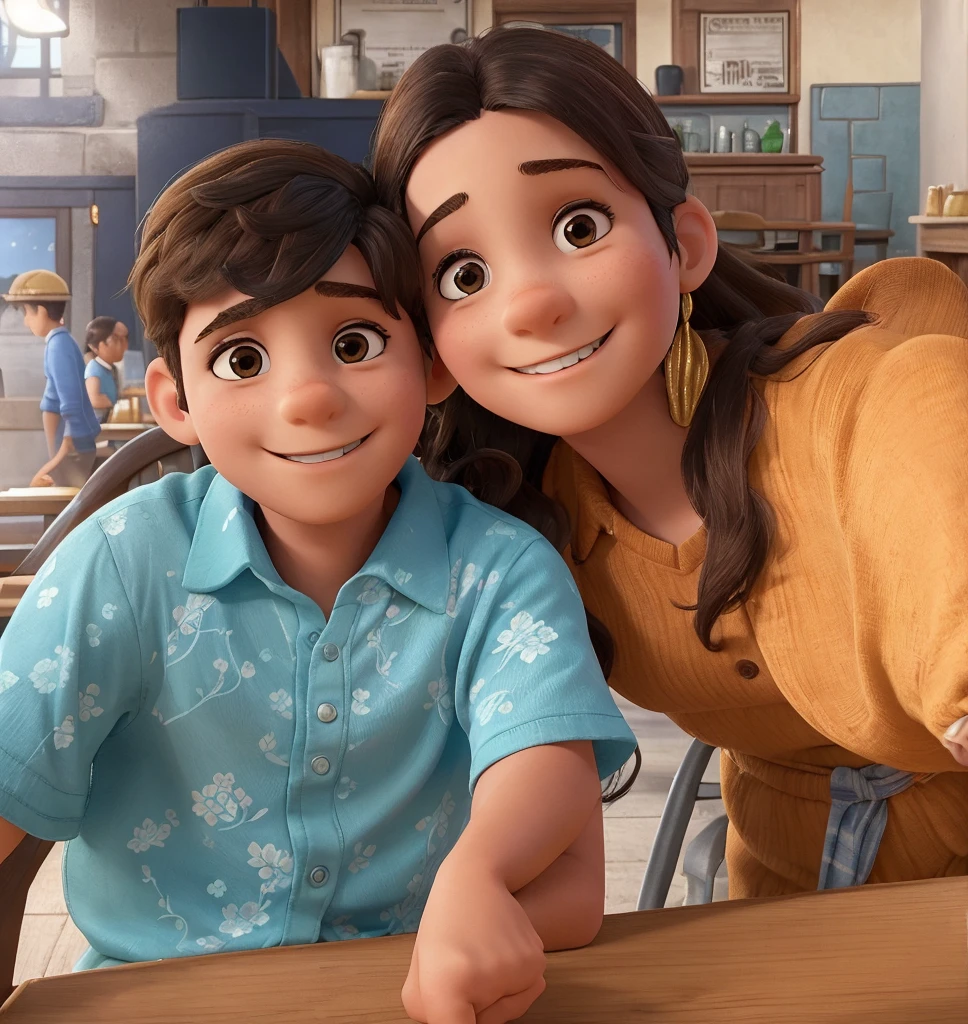 A young boy and a woman are seated at a table, both smiling broadly. The boy is wearing a blue shirt with a floral pattern and dark brown skin color and the woman has an orange top, straight long hair and dark brown skin color. They are mother and son and seem to be enjoying their time together. The mother appears to be 40 years old and the boy 5. In the background, there's a bustling restaurant setting with other patrons and tables.