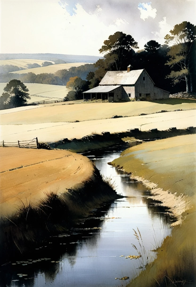 Andrew Wyeth Style - Art by Andrew Wyeth - A serene scene depicting a rural farm morning, with a muted color palette and dry brush technique that creates a sense of calm.