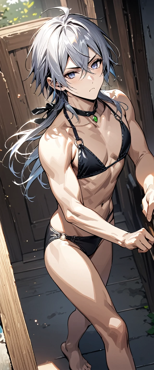 absurdres, highres, ultra detailed, super fine illustration, best quality, 1boy, perfect anatomy, male focus, solo, (dark-skinned:0.8) male, silver hair, long hair, black bikini, bare shoulders, bare arms, bare legs, &lt;lora:_L2090:-0.6&gt; &lt;lora:flat:-0.2&gt;