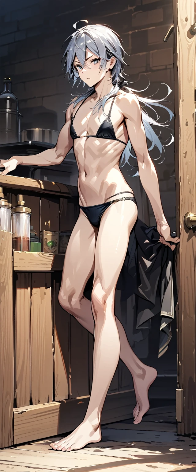 absurdres, highres, ultra detailed, super fine illustration, best quality, 1boy, perfect anatomy, male focus, solo, (dark-skinned:0.8) male, silver hair, long hair, black bikini, bare shoulders, bare arms, bare legs, <lora:_L2090:-0.6> <lora:flat:-0.2>