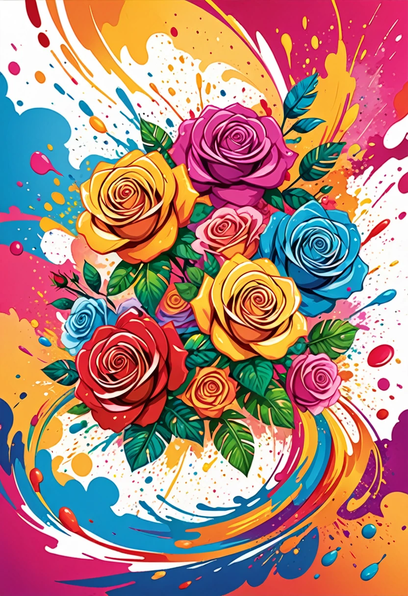 vectorial art, Colorful illustration with many roses in the center, swirly vibrant colors, paint splashes and smears, high détail, Hawaiian style background