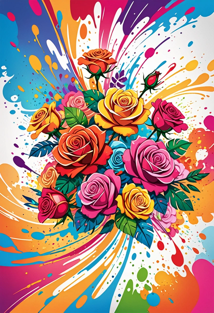 vectorial art, Colorful illustration with many roses in the center, swirly vibrant colors, paint splashes and smears, high détail, Hawaiian style background