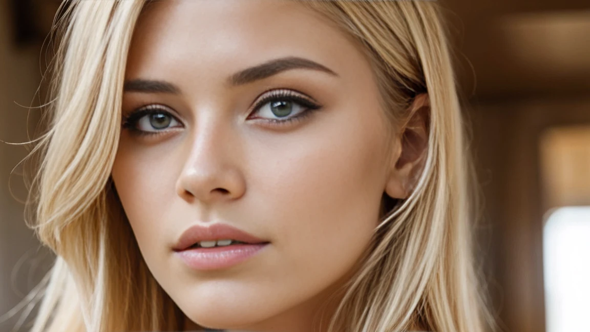 une belle femme aux longs cheveux blonds , expression timide