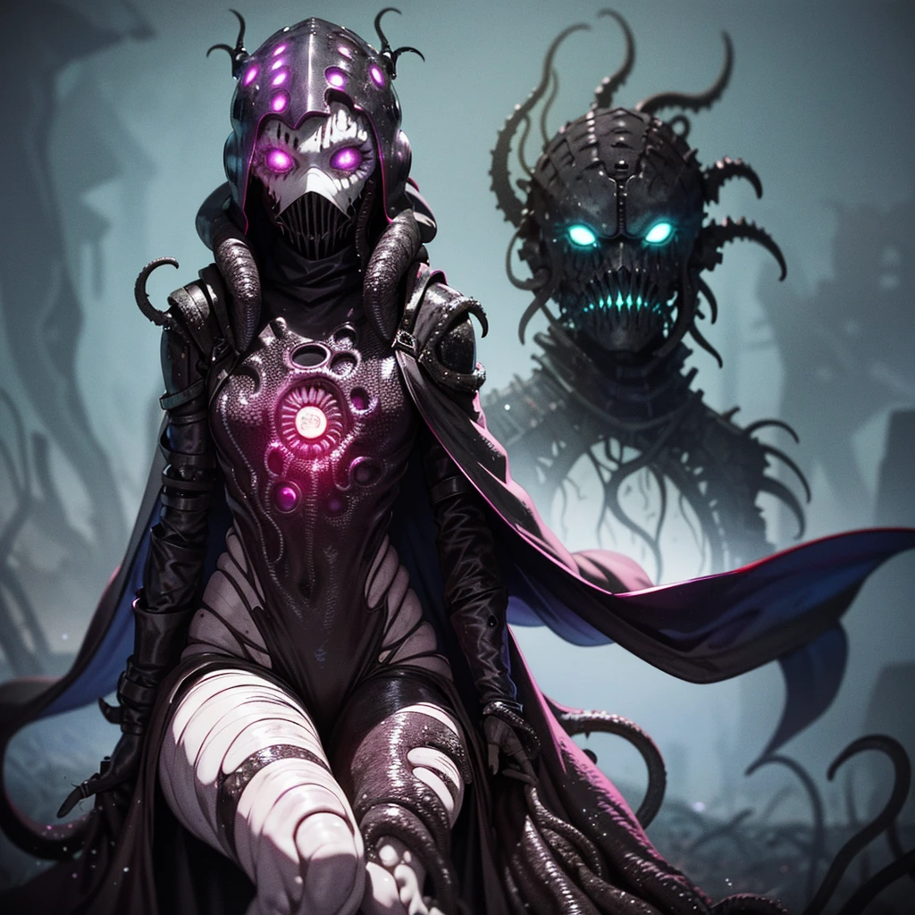 (((dark tentacle biopunk))), ((dark biopunk girl)), The Iron Mask, ((a lot of long closed clothes)), biopunk cape-shaped clothing, (closed pose), hands together, is sitting, cold lighting, abandoned landscape in biopunk style, (Contempt for video game style), horror atmosphere, the presence of something scary, very detailed biopunk background, von Hans Giger, Ideal Anatomy, masterpiece