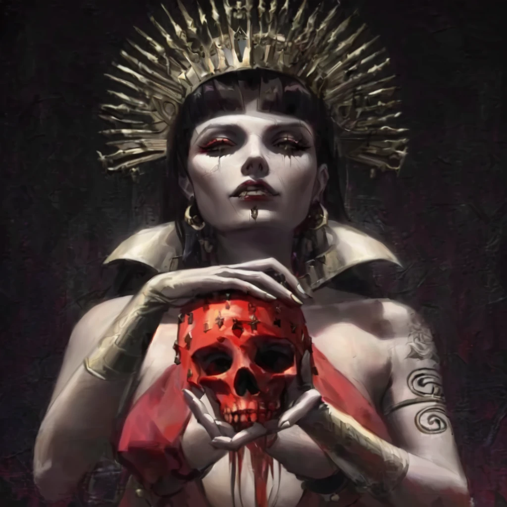 a painting of a woman with a skull and a crown on her head, saturno butto. occult art, michael hussar, saturno butto, james gurney brom, scary queen of death, goddess of death, queen of hell, diablo 4 lilith, queen of death, dark fantasy horror art, horror fantasy art, priestess of the damned