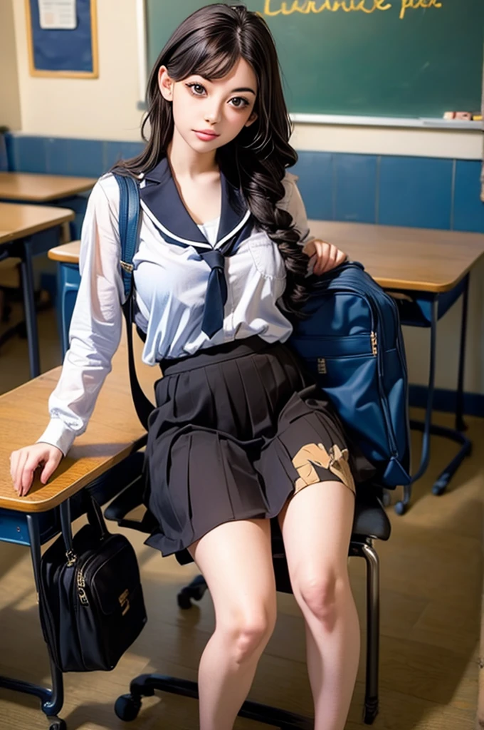 ((masterpiece, best quality)),best aesthetic,1girl, , desk, sitting, school desk, brown hair, classroom, long hair, indoors, chair, looking at viewer, :p, solo focus, brown eyes, skirt, long sleeves, pencil, 1 boy, pencil case, paper, black serafuku, multiple girls, pleated skirt, sailor collar, bangs, headrest, school bag, school chair