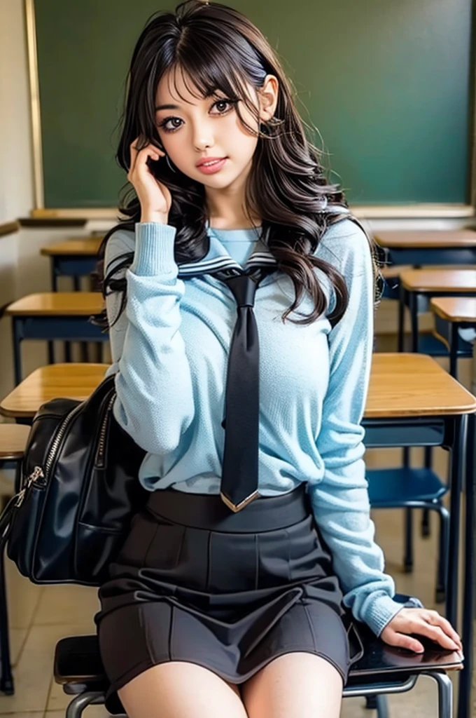 ((masterpiece, best quality)),best aesthetic,1girl, , desk, sitting, school desk, brown hair, classroom, long hair, indoors, chair, looking at viewer, :p, solo focus, brown eyes, skirt, long sleeves, pencil, 1 boy, pencil case, paper, black serafuku, multiple girls, pleated skirt, sailor collar, bangs, headrest, school bag, school chair