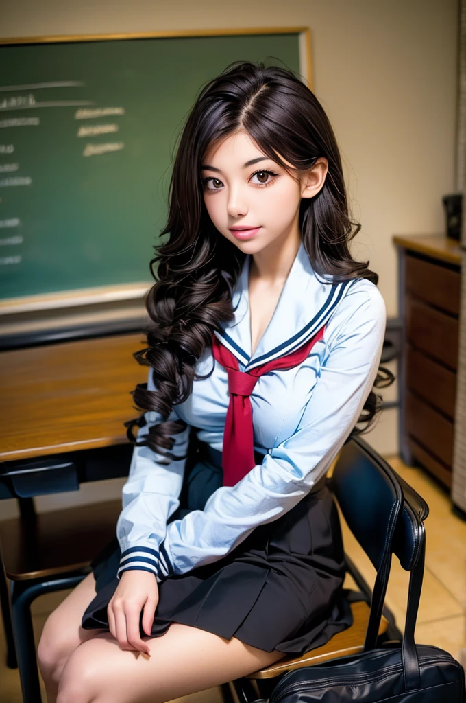 ((masterpiece, best quality)),best aesthetic,1girl, , desk, sitting, school desk, brown hair, classroom, long hair, indoors, chair, looking at viewer, :p, solo focus, brown eyes, skirt, long sleeves, pencil, 1 boy, pencil case, paper, black serafuku, multiple girls, pleated skirt, sailor collar, bangs, headrest, school bag, school chair