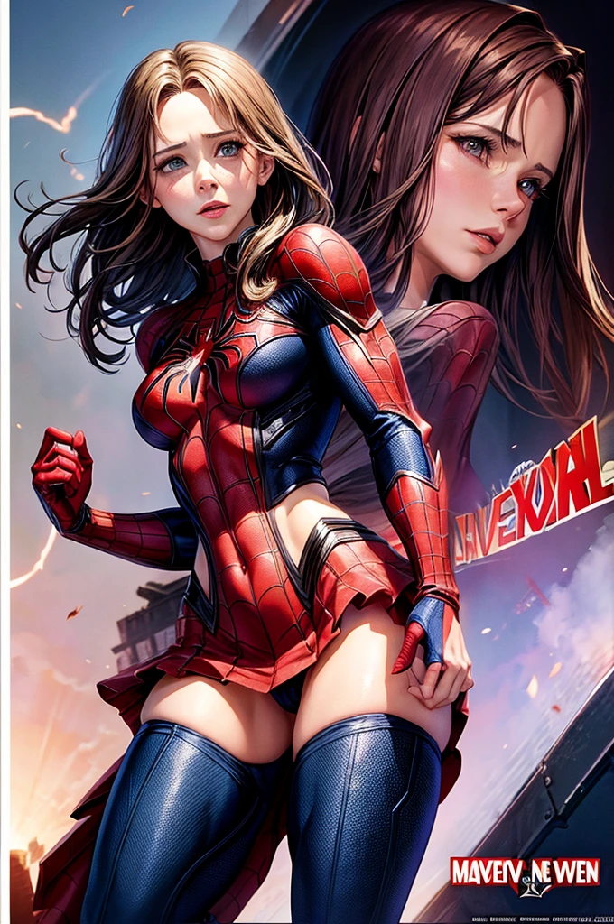 Jennifer Love Hewitt、Marvel Comics Movie Poster, Very beautiful, Movies about Spiderman, sexy, whole body, I'm wearing a skirt、Premiere date, Poster、belly buttonを突き出す、new york、She&#39;s wearing a torn Spider-Man suit,The suit is torn、Wearing a skirt、 Red and black color scheme,dynamic、masterpiece、highest quality、Ultra-detailed、Very detailed、A delicate and beautiful shine、超A high resolution、Cinematic,Break,Breakdrop,(Torn clothes:1.5), (Wet clothes:1.4), Bare shoulders,Real Rain,Wet Hair,belly button、Exposing Skin、Showing off her sexy shoulders