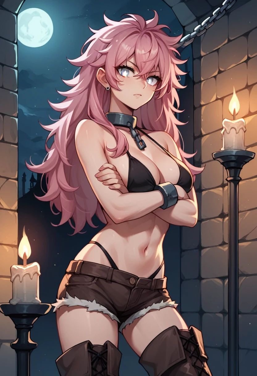 score_9, score_8_up, score_7_up, score_6_up, score_5_up, score_4_up, source_anime, 1woman, worth, pink hair, long hair, white eyes, w-w-chain, shackles , crossed arms, messy hair, black bikini, shorts, brown thigh high boots, night, candles, dungeon, best quality, best res, 4K UHD,