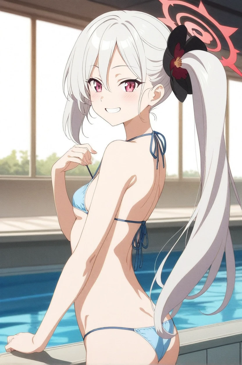 best quality, very aesthetic, absurdres, (1girl, mutsuki, blue archive, solo, red eyes, white hair, side ponytail), (realistic face:0.9),(string bikini:1.8),dress lift, (grin, blush, thigh:1.3), (cowboy shot), (glowing eyes), (half closed eyes:0.9), (from side:2), (official art:1.3), (pool), expressive eyes, perfect face, 4k, extremely detailed anime illustration, extremely detailed eyes, perfect anatomy, light rays, extremely delicate body, smooth skin, (school background:1.5), clear eyes, beautiful face, small breasts,(anime style:1.7), (Warm Light:1.5), (highres:2), 1girl, mutsuki, blue archive, solo, red eyes, white hair, side ponytail, 1girl, mutsuki, blue archive, solo, red eyes, white hair, side ponytail