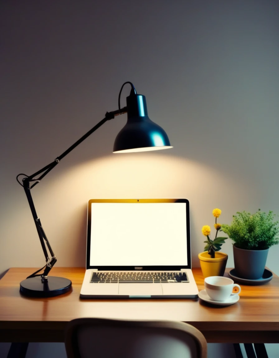 wooden desk picture from up with a lamp on it