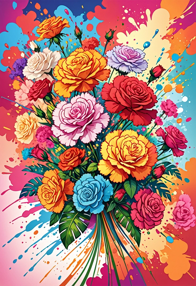 vectorial art, Colorful illustration with many roses and carnations, At the center, swirly vibrant colors, paint splashes and smears, high détail, Hawaiian style background
