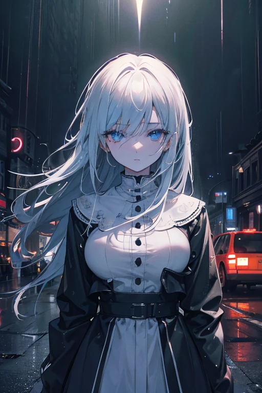 a woman walking alone on a deserted road at night,beautiful detailed eyes,beautiful detailed lips,extremely detailed eyes and face,longeyelashes,dramatic night scene,heavy rain,neon lights,broken heart,lonely town,deep wounds,emptiness,cinematic lighting,moody atmosphere,highres,best quality,8k,photo-realistic,cinematic,dramatic,emotional,highly detailed