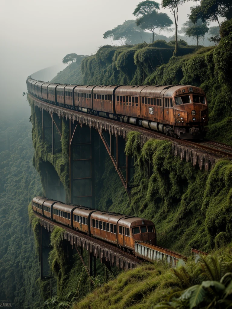 (RAW PHOTO), The rusted long train with the skull of a lion, in the Amazon jungle, on the highest cliff, Moss, fog, details, hyper-realistic, 16k