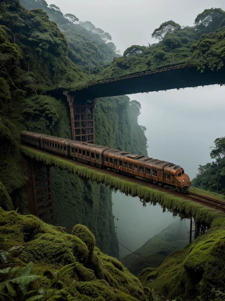 (RAW PHOTO), The rusted long train with the skull of a lion, in the Amazon jungle, on the highest cliff, Moss, fog, details, hyper-realistic, 16k