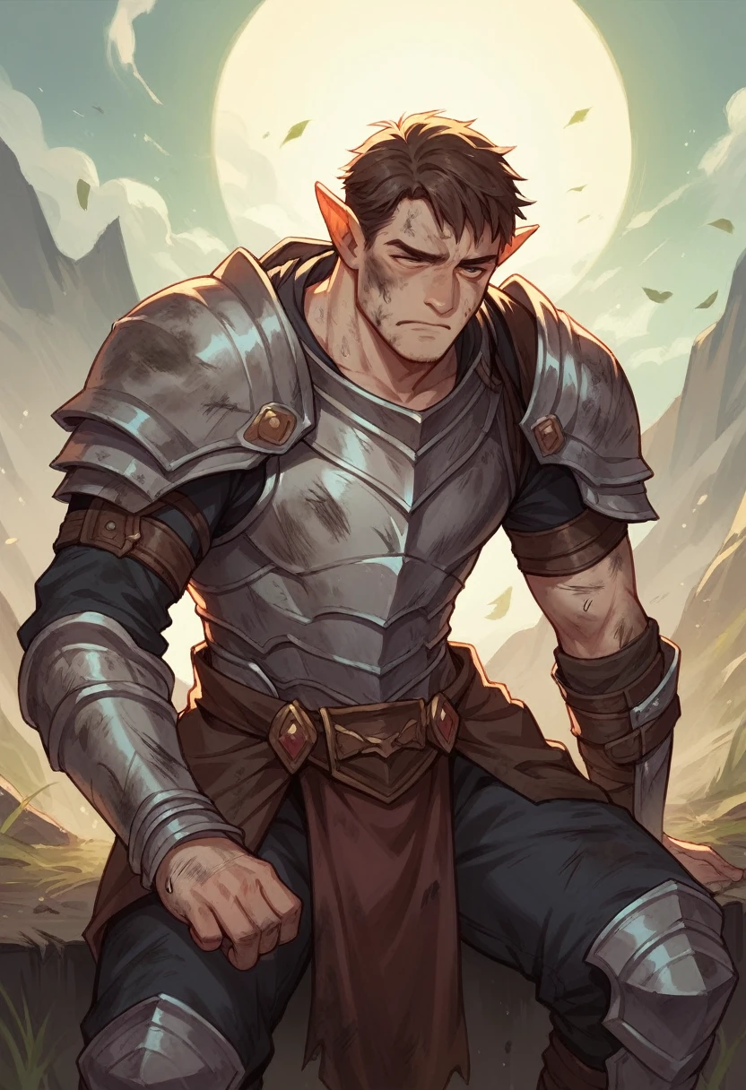 1 man, fantasy, epic, armor, human, dirty, weary, No pointed ears.