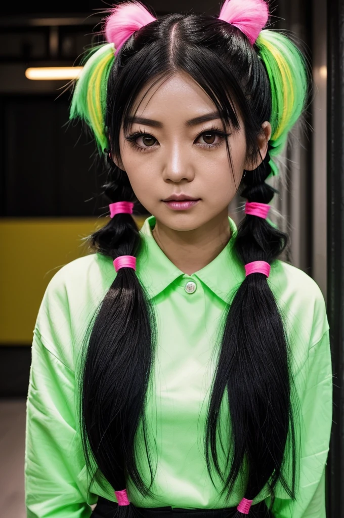 (She has long straight black hair and neon green lines.) (she wears scene clothes) (She wears two small pigtails and the rest is loose hair.) (her hair is a little fluffy) (He has slightly big eyes with long black eyelashes.) (Kimiko has a playful voice)