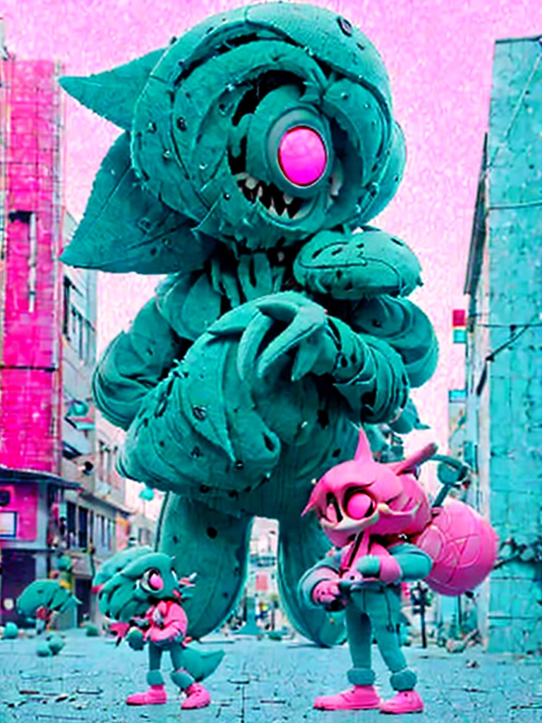 full body view of creature, humanoid, teal fur, gigantic round auricle, pink eyes, anorexic, wearing pants, shirtless, antenna on jaw, walking, in sunny abandoned city