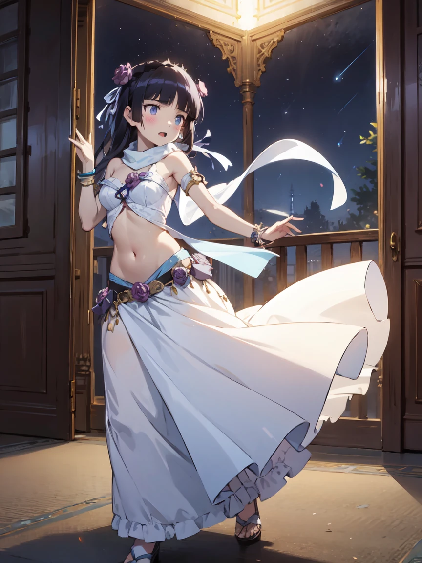 (masterpiece, Highest quality:1.1), (Desert Princess), 1 Girl, alone, chiffon, Belly dance, Shiny scarf, Silver Jewelry, moonlight, Starry Sky, Silver bracelet, Harem pants, Glow, mysterious, exotic, Sand, Reflection of light, Mystical Dance