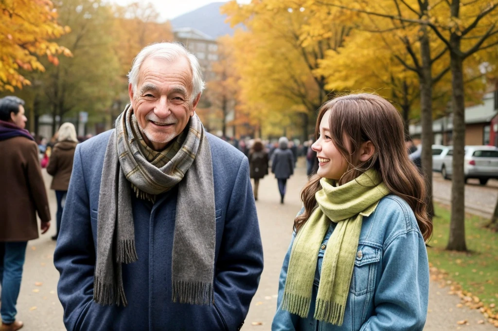 An older man and a young woman in a busy outdoor setting during autumn. The man has grey hair and a beard, and is wearing a scarf and a jacket. The young woman has long, wavy hair and is also wearing a scarf and a jacket. They are looking at each other with smiles, sharing a moment of connection. The background includes people walking, autumn leaves, and a lively atmosphere. The overall scene captures warmth and mutual respect without any text overlay.
