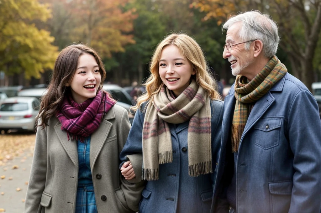 An older man and a young woman in a busy outdoor setting during autumn. The man has grey hair and a beard, and is wearing a scarf and a jacket. The young woman has long, wavy hair and is also wearing a scarf and a jacket. They are looking at each other with smiles, sharing a moment of connection. The background includes people walking, autumn leaves, and a lively atmosphere. The overall scene captures warmth and mutual respect without any text overlay.