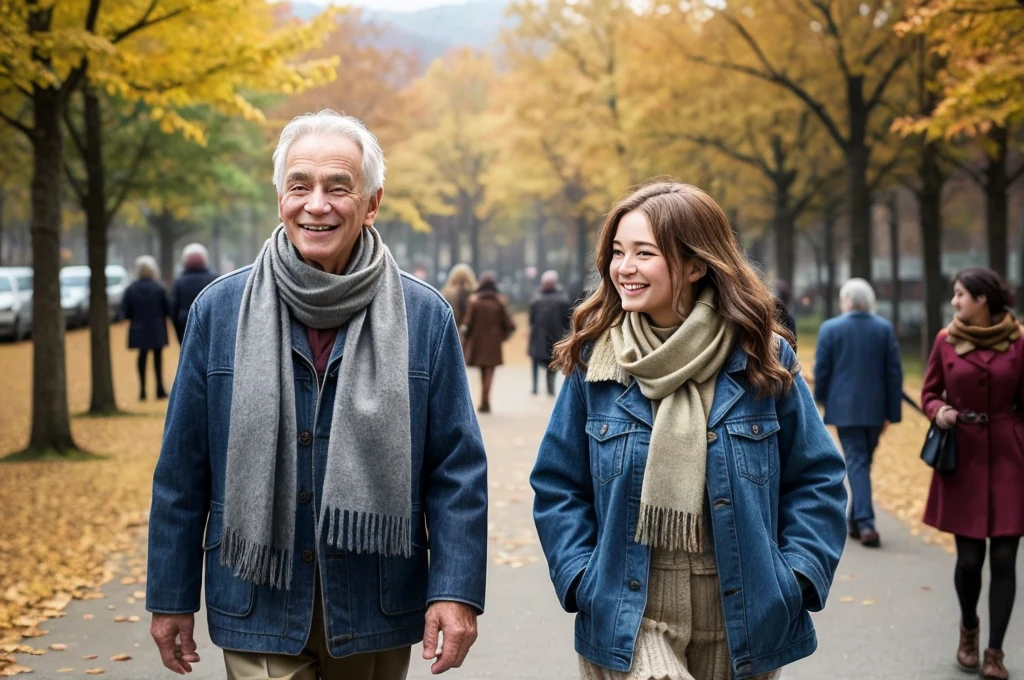 An older man and a young woman in a busy outdoor setting during autumn. The man has grey hair and a beard, and is wearing a scarf and a jacket. The young woman has long, wavy hair and is also wearing a scarf and a jacket. They are looking at each other with smiles, sharing a moment of connection. The background includes people walking, autumn leaves, and a lively atmosphere. The overall scene captures warmth and mutual respect without any text overlay.