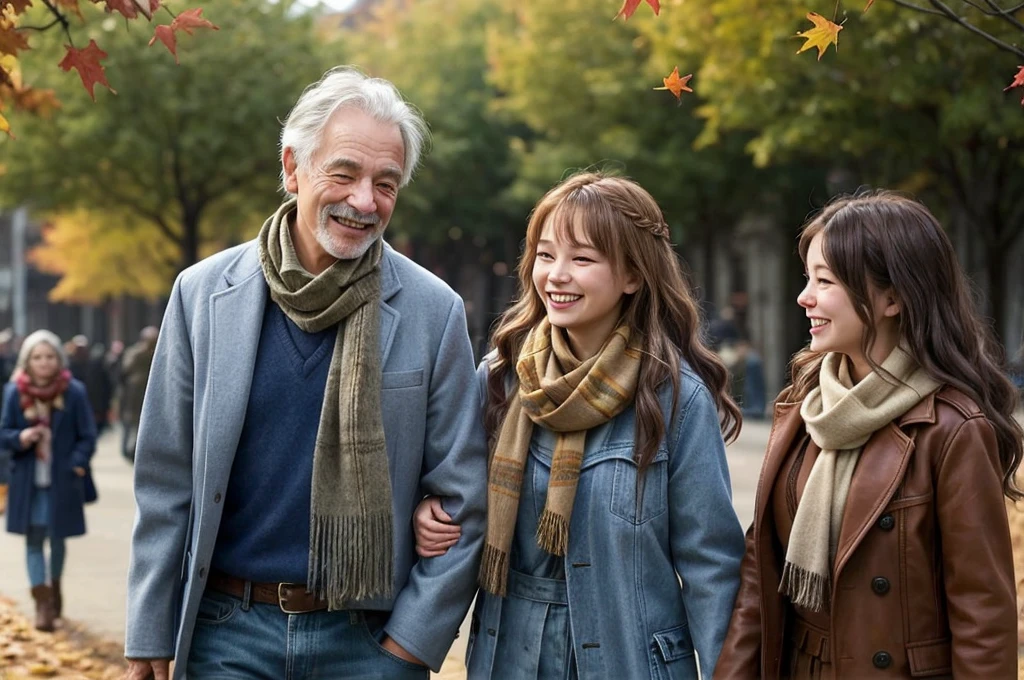 An older man and a young woman in a busy outdoor setting during autumn. The man has grey hair and a beard, and is wearing a scarf and a jacket. The young woman has long, wavy hair and is also wearing a scarf and a jacket. They are looking at each other with smiles, sharing a moment of connection. The background includes people walking, autumn leaves, and a lively atmosphere. The overall scene captures warmth and mutual respect without any text overlay.