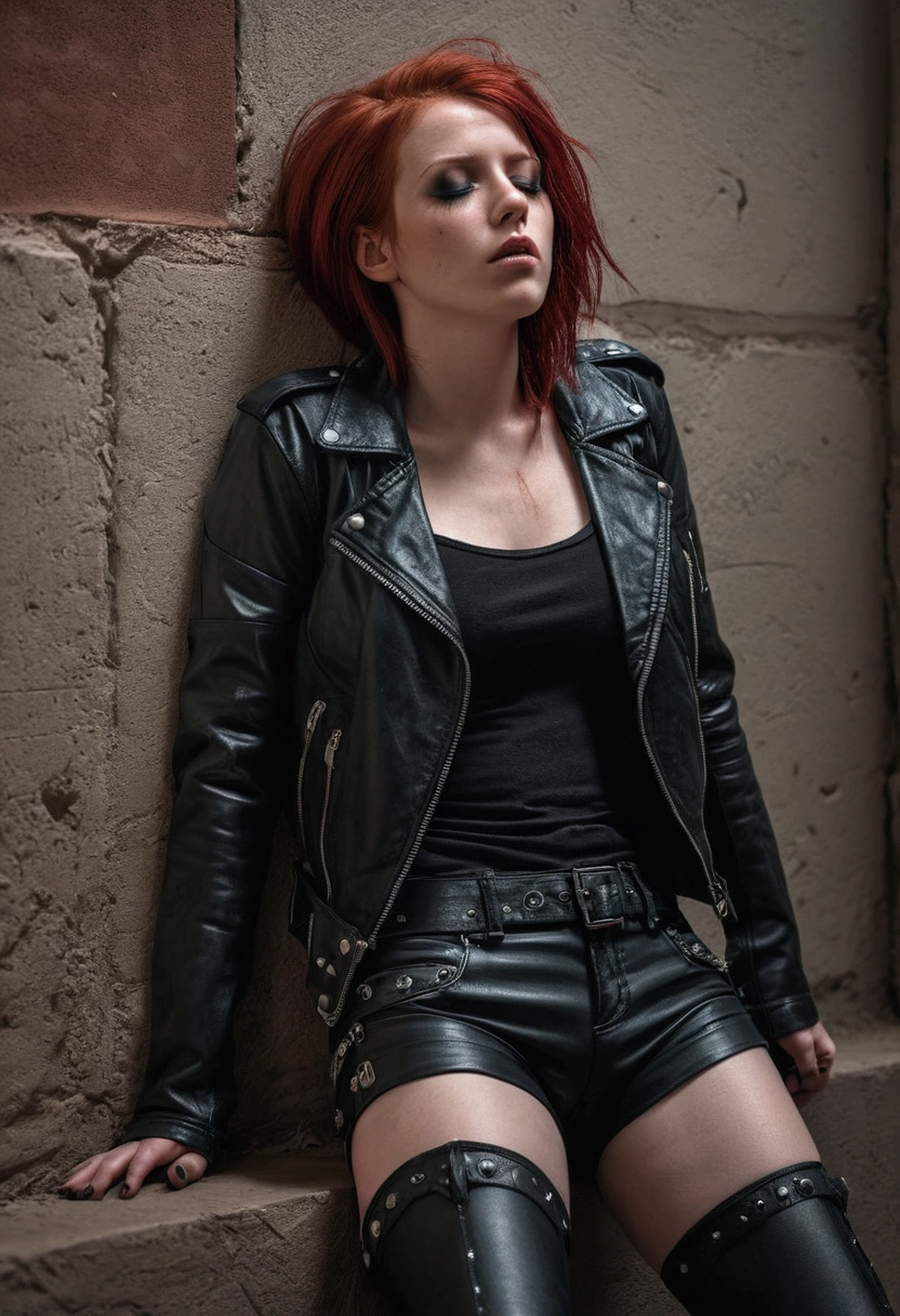 a sexy goth girl with red hair, topless, wearing a black leather jacket and shorts, boots, eyes closed, unconscious, leaning against a wall, lying on the ground, detailed, hyper realistic, 8k, photorealistic, masterpiece, cinematic lighting, dark moody atmosphere