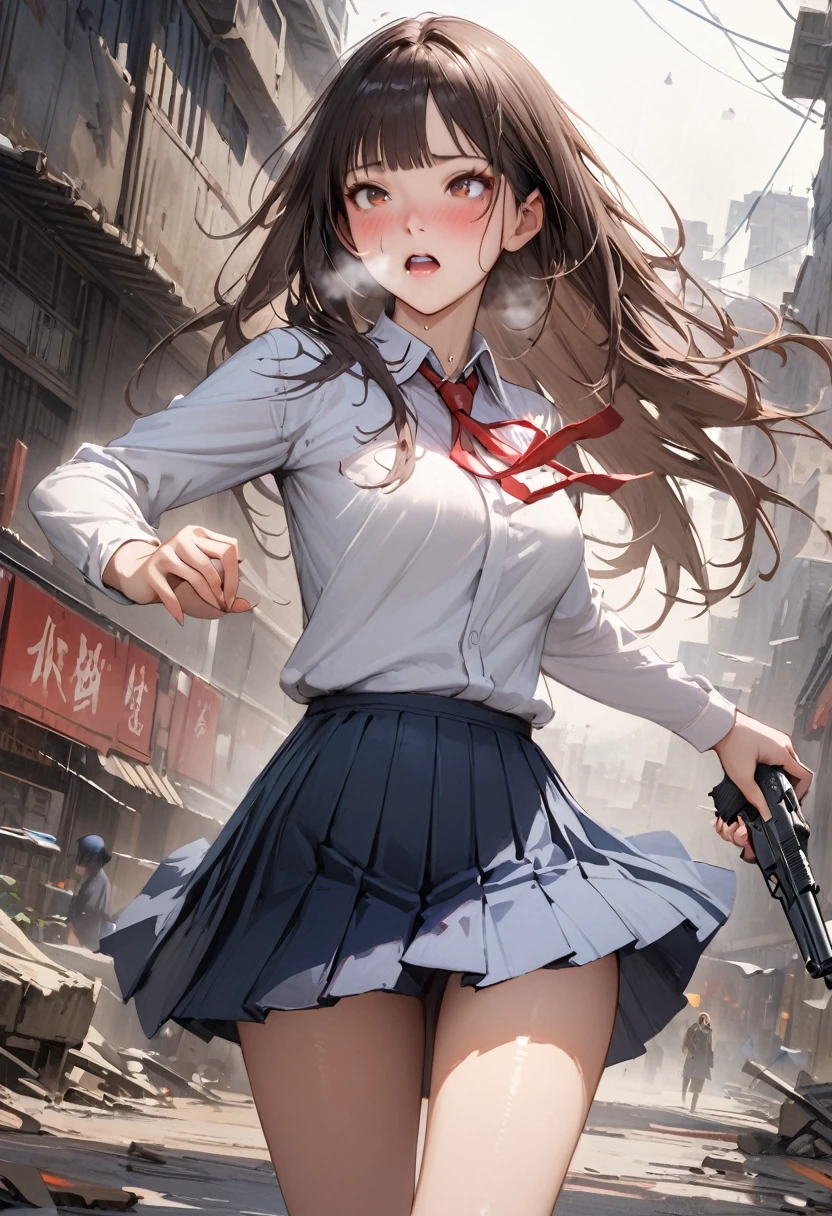 Action Scenes、((A detailed depiction of a woman holding a handgun))、((masterpiece,Highest quality:1.3,best quality illustratio)),(realistic),cowboy shot,独奏,1woman,(20-year-old、Japanese Beauty),dark brown hair,long hair,bangs,brown eyes,gorgeous eyes,(very small head:1.3),blush,Heavy breathing,(very long body:1.2,skinny),medium breasts,(Red ribbon tie、White long sleeve collared shirt、Navy blue pleated mini skirt),gleaming skin,toned body,slender body,sweat,Run,Ruined city、Collapsed building、、World of Blade Runner、