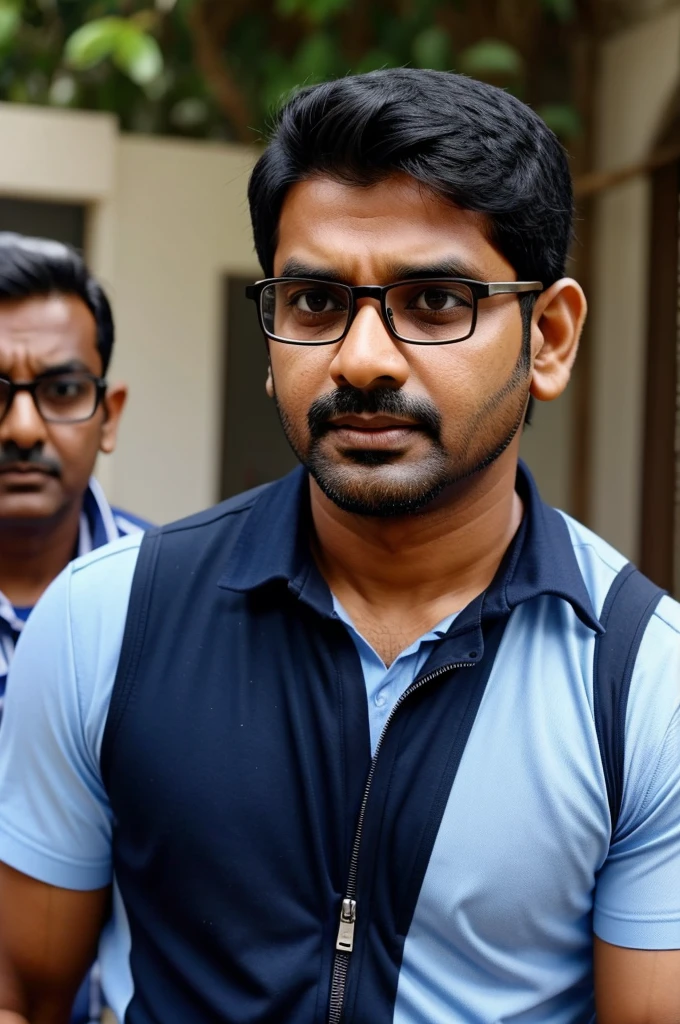 Suresh a 35 year old man in fear face in front of police officer with specs of 50 year