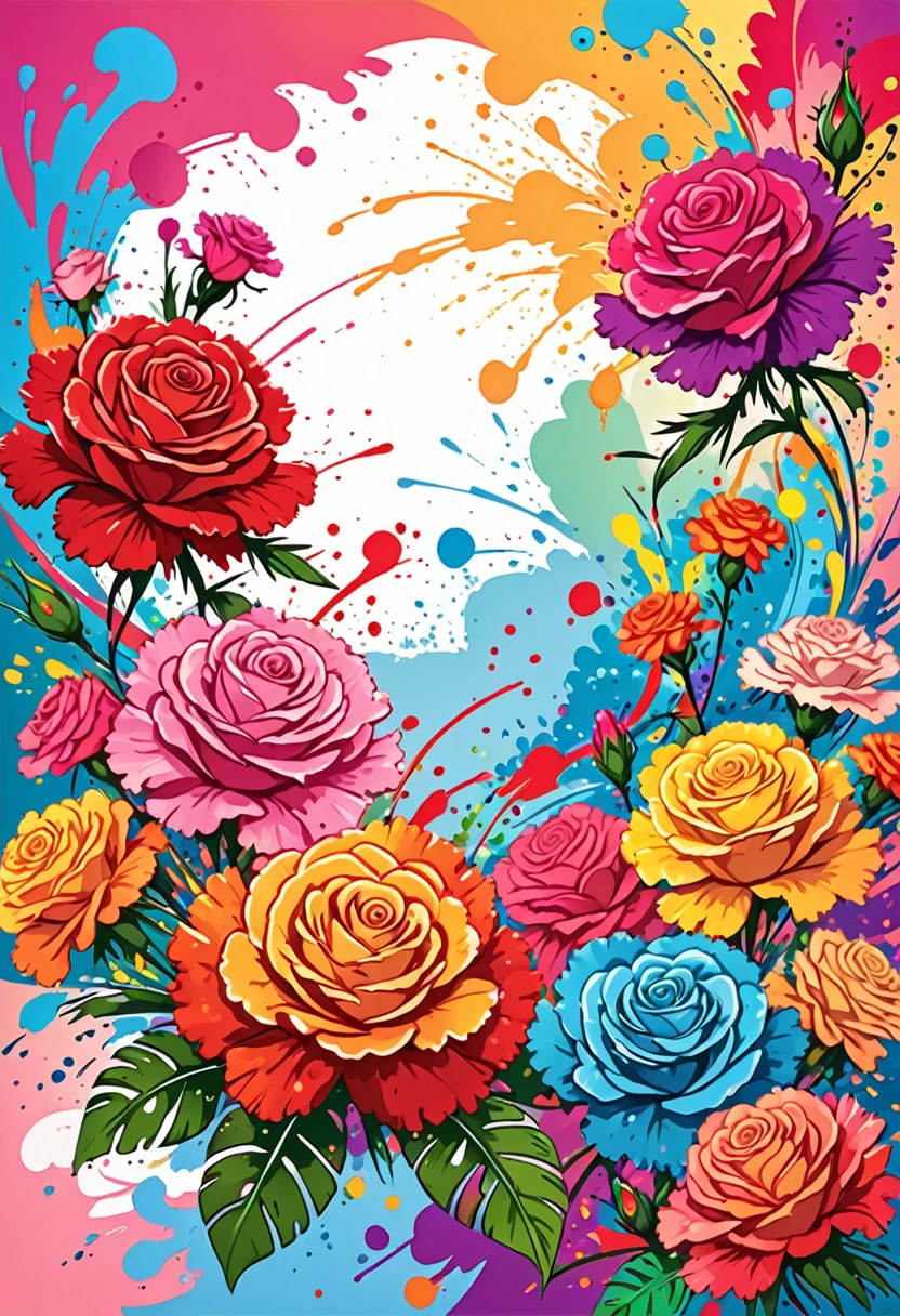 vectorial art, Colorful illustration with many roses and carnations in the center, swirly vibrant colors, paint splashes and smears, high détail, Hawaiian style background